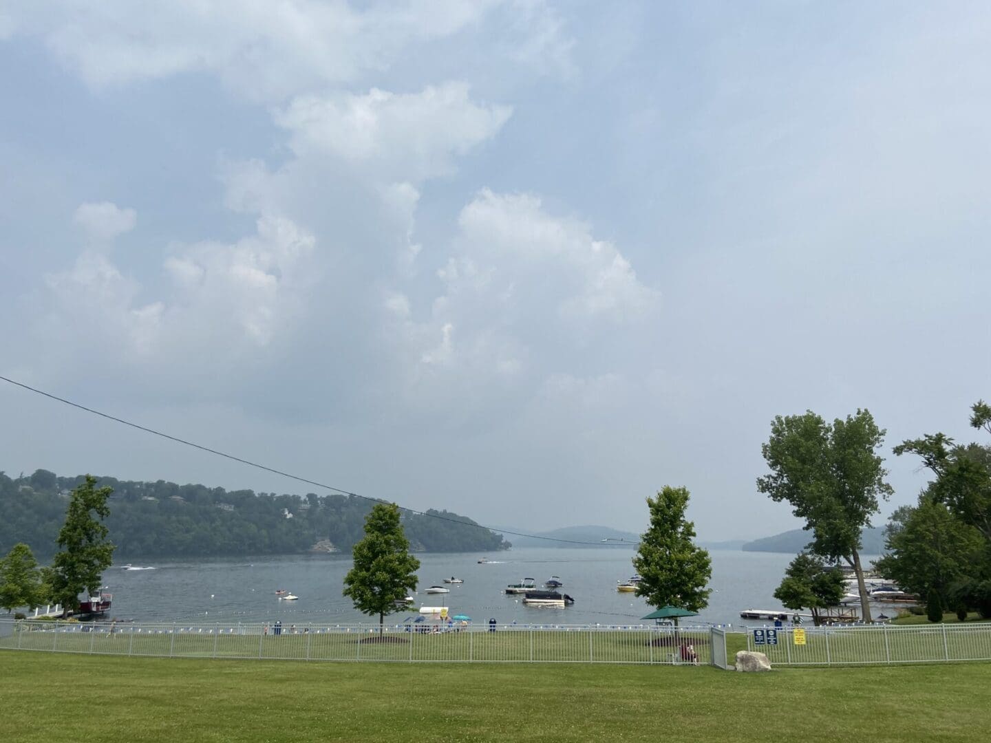 A view of the water from a park.