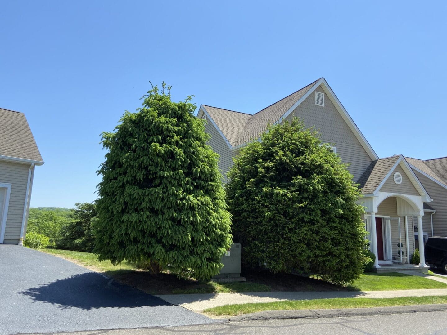 Two-story house with green trees and a driveway.