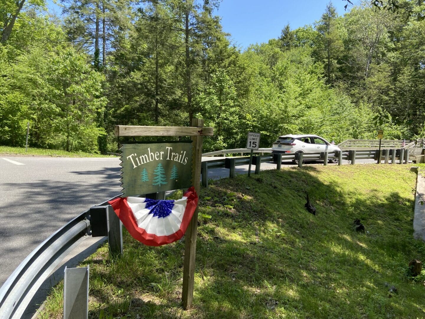 Timber Trails entrance, patriotic bunting.