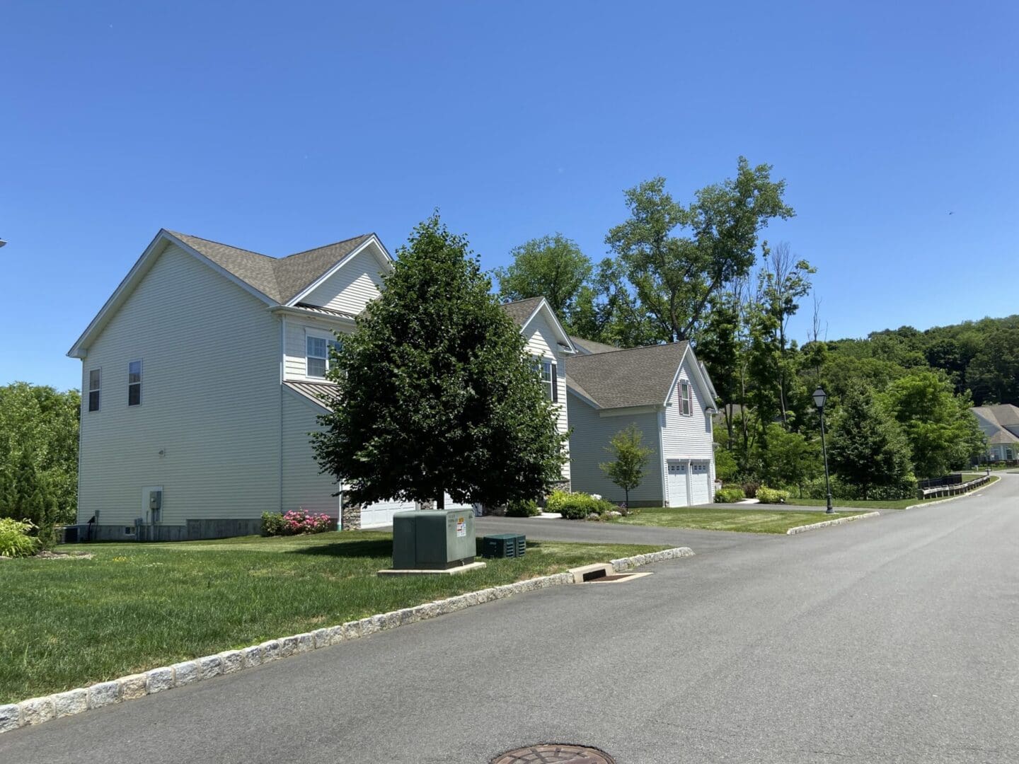 White houses on a suburban street.