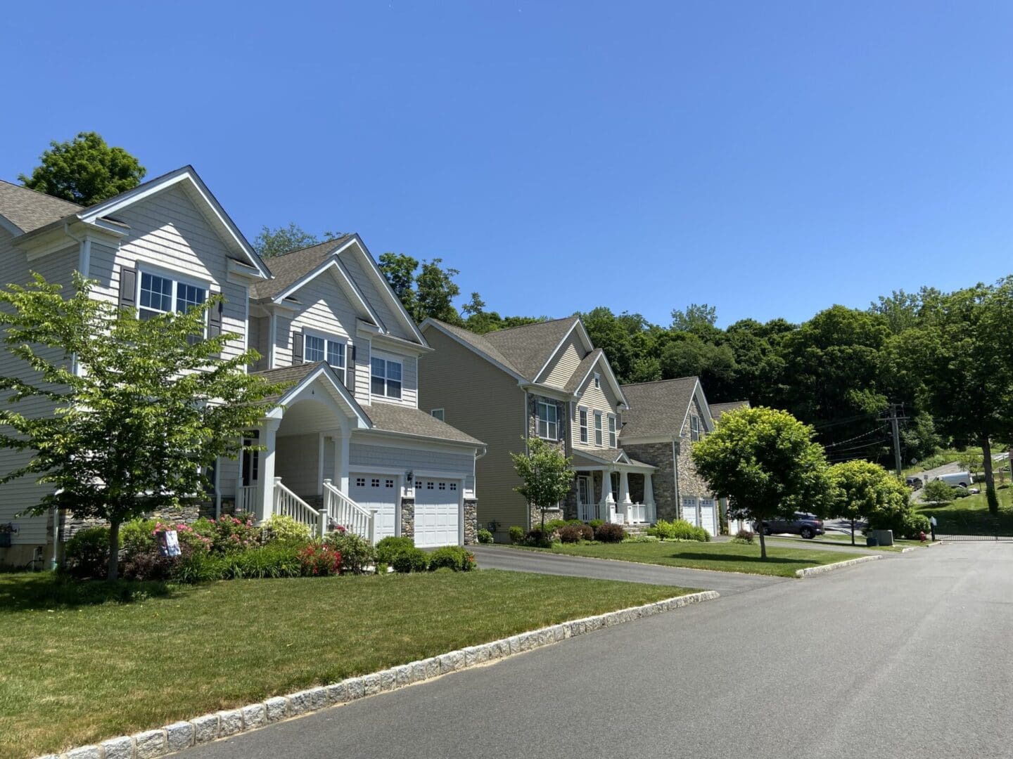 Suburban homes with green lawns and trees.