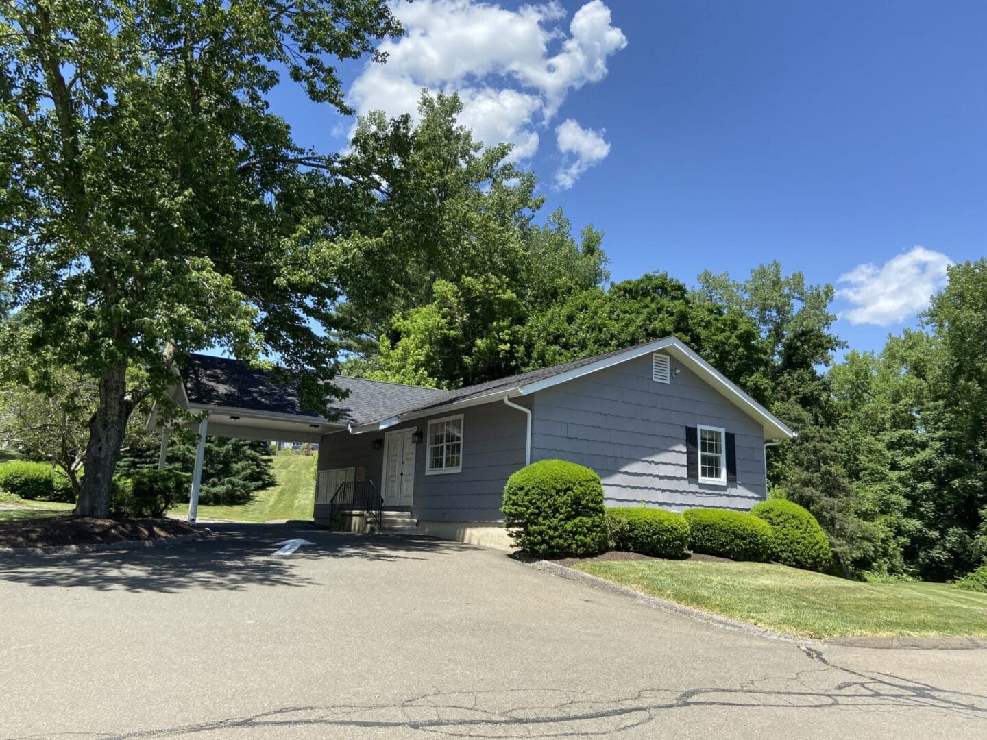 Gray house with green bushes and trees.