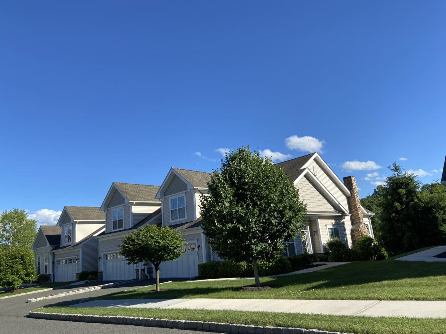 Row of houses under a blue sky.