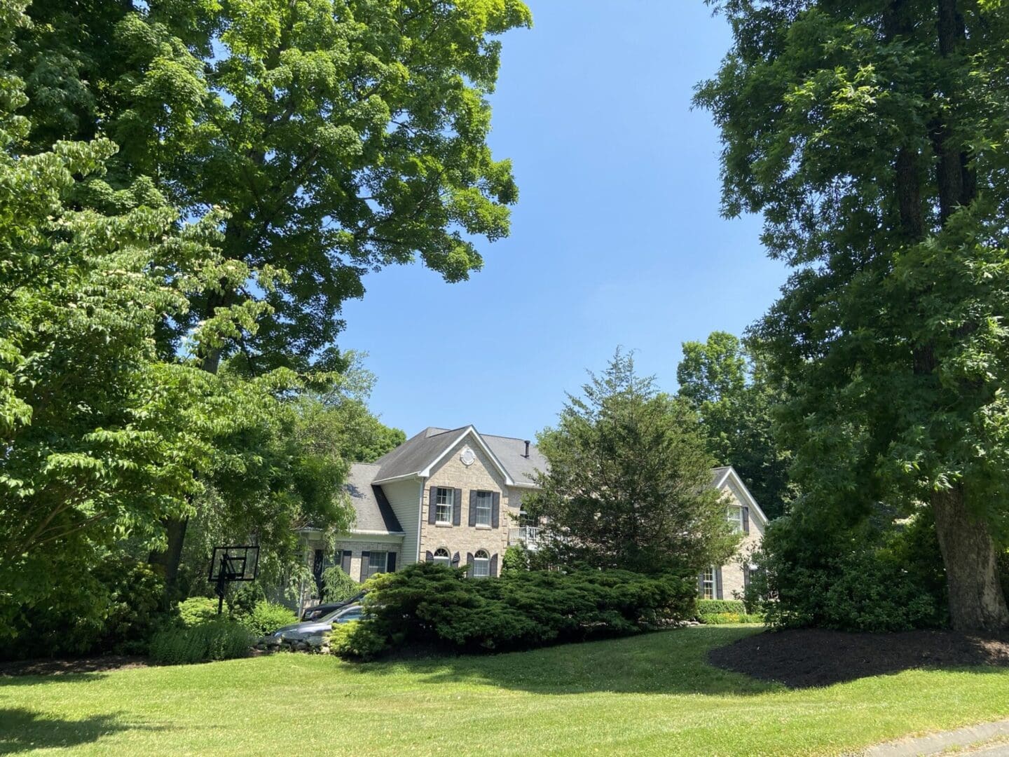 House with trees and a driveway.