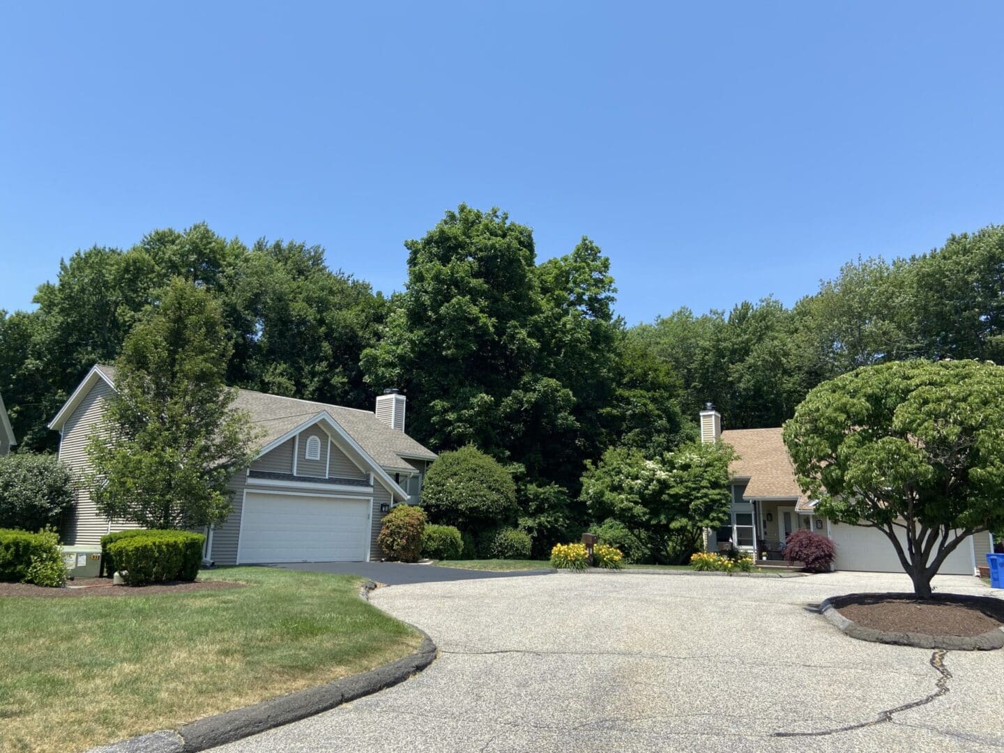 Two houses with driveways and green trees.