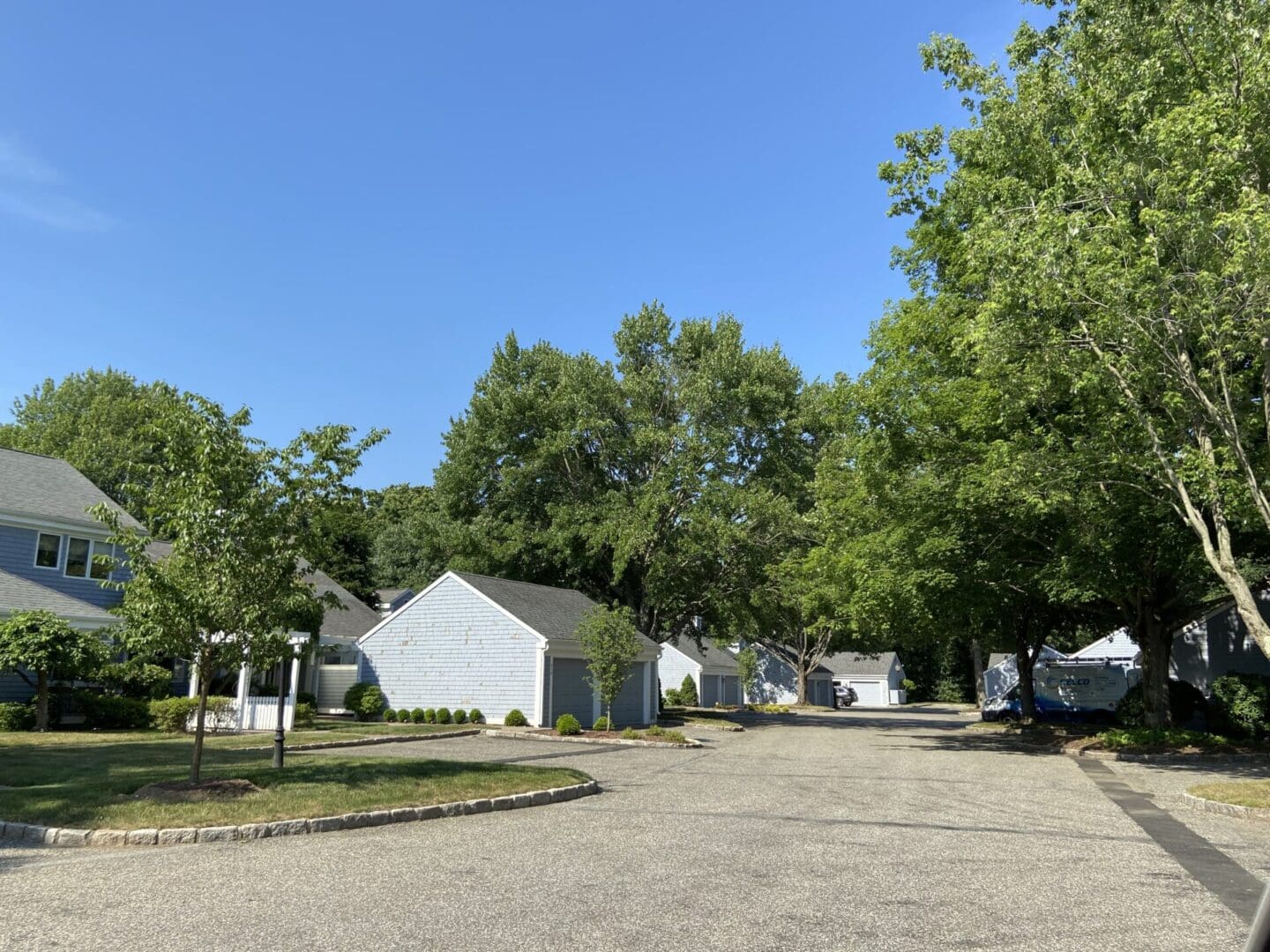 Blue houses in a quiet suburban neighborhood.