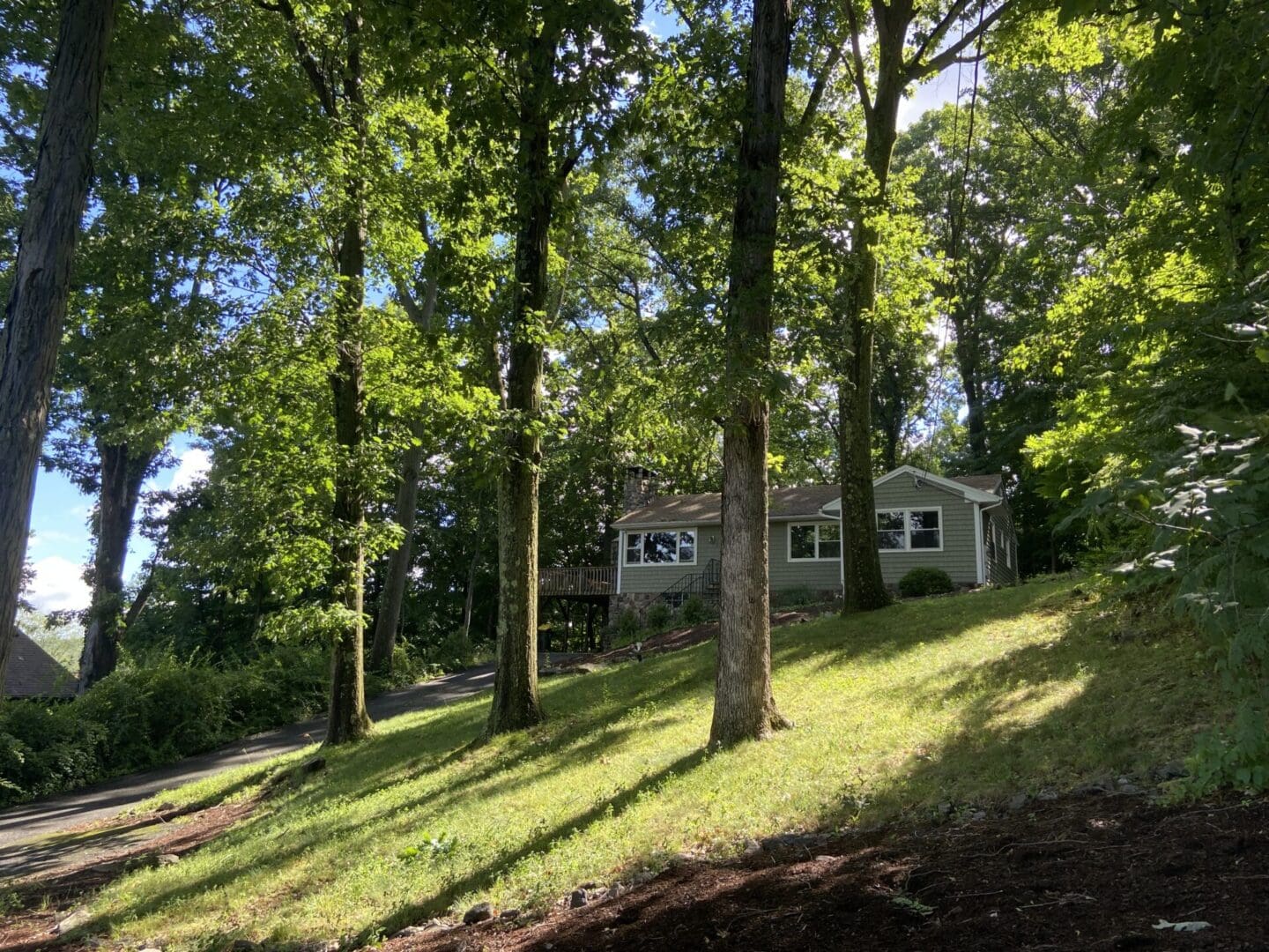 A house nestled in a wooded area.