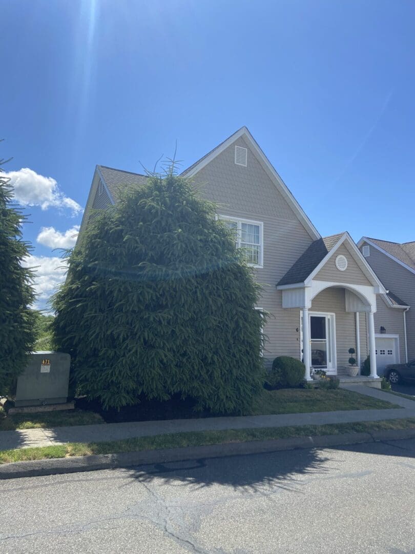 Two-story house with green bush in front.