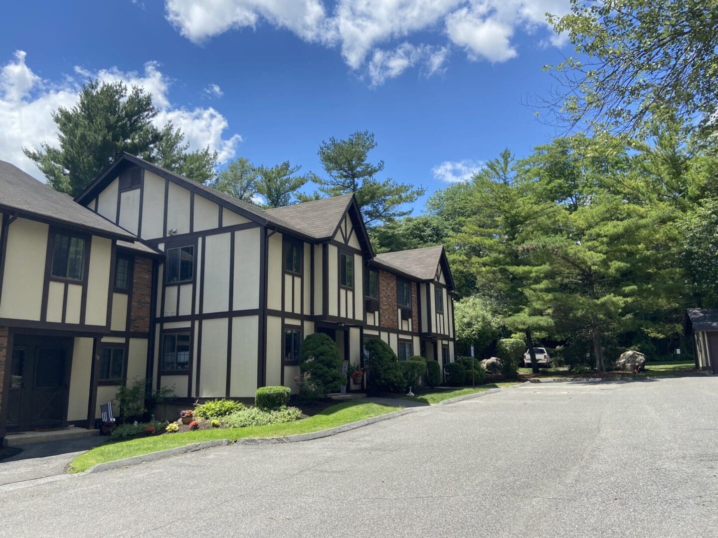 White and brown townhouses in a wooded area.