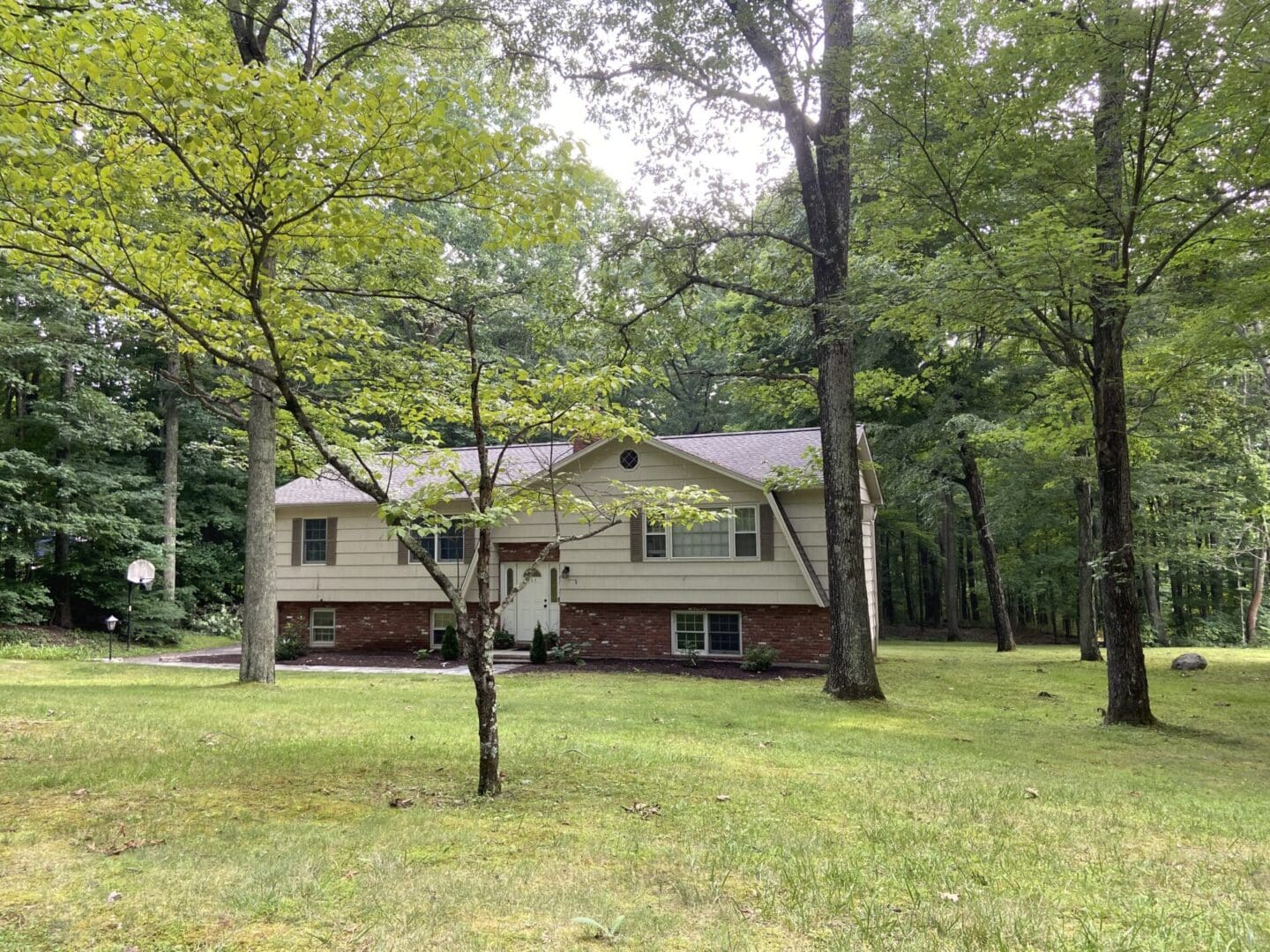 Suburban home with green lawn and trees.