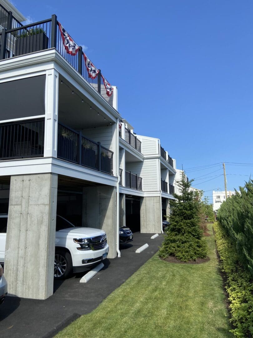 Modern apartment building with parking.