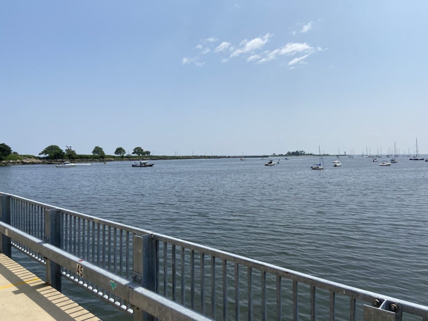 Boats docked at a harbor with a railing.